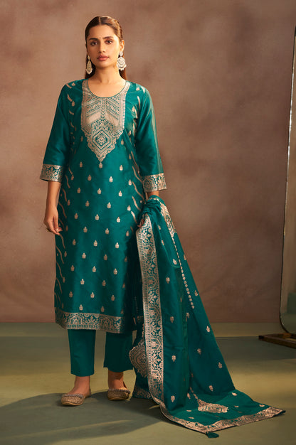Women's Rama Green Jacquard Art Silk Straight Kurta Set with Dupatta