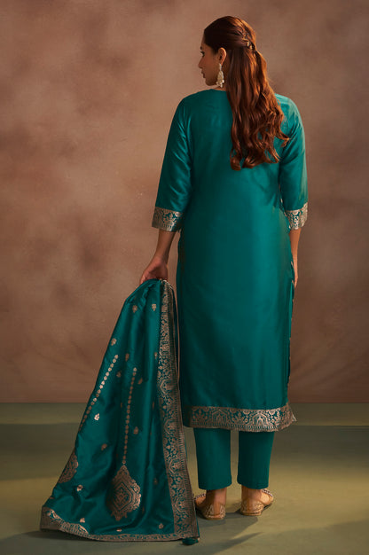 Women's Rama Green Jacquard Art Silk Straight Kurta Set with Dupatta
