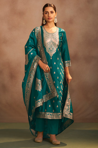 Women's Rama Green Jacquard Art Silk Straight Kurta Set with Dupatta
