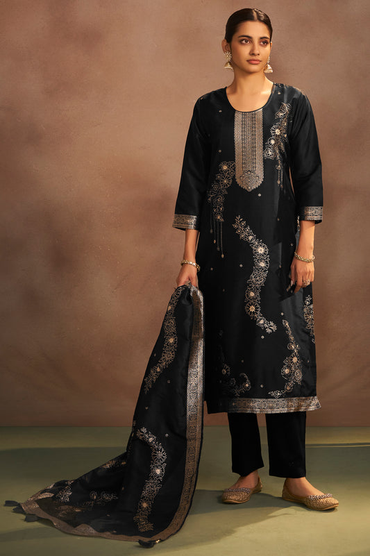 Women's Black Jacquard Art Silk Straight Kurta Set with Cotton Bottom & Silk Blend Dupatta