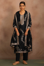 Women's Black Jacquard Art Silk Straight Kurta Set with Cotton Bottom & Silk Blend Dupatta