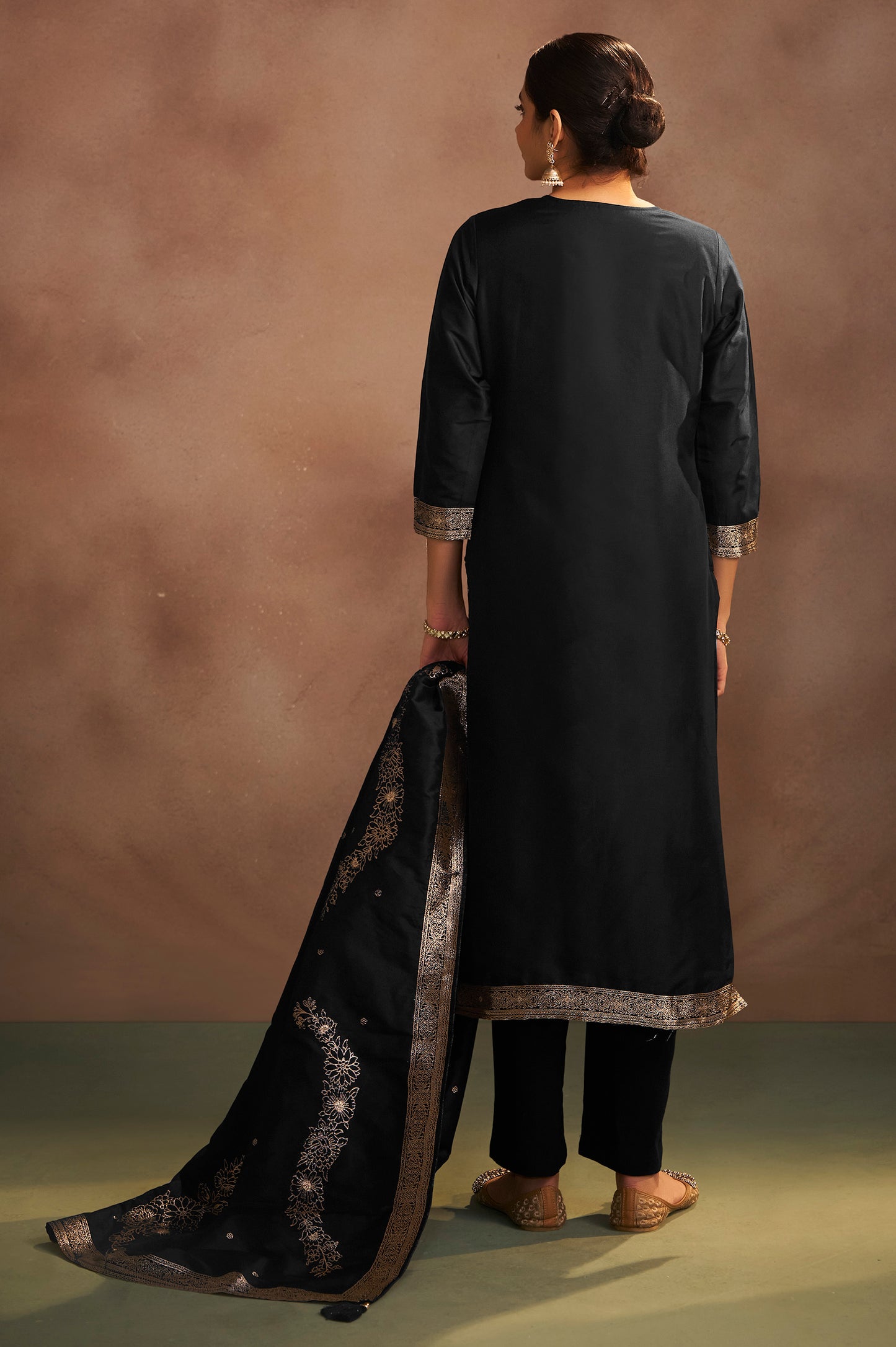 Women's Black Jacquard Art Silk Straight Kurta Set with Cotton Bottom & Silk Blend Dupatta