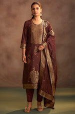 Women's Brown Jacquard Art Silk Straight Kurta Set with Cotton Bottom & Silk Blend Dupatta