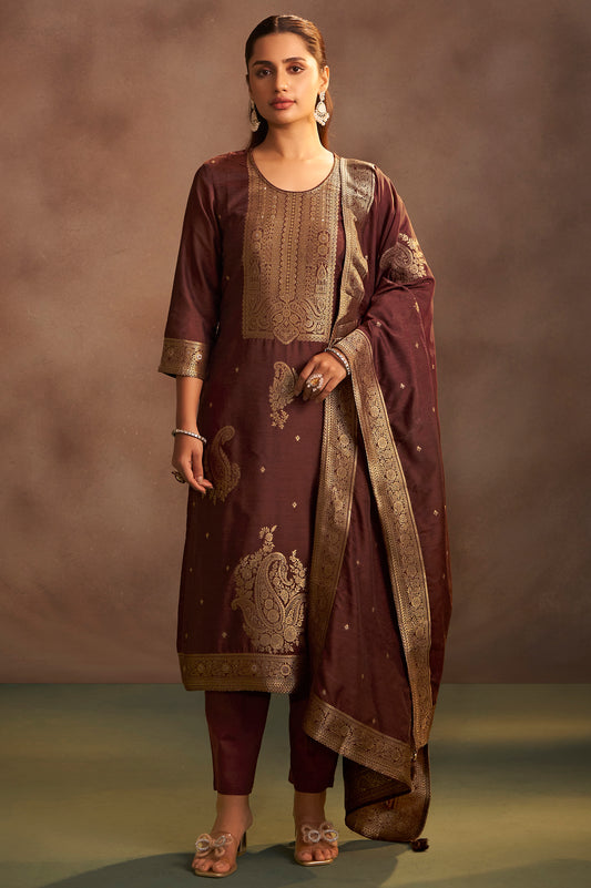 Women's Brown Jacquard Art Silk Straight Kurta Set with Cotton Bottom & Silk Blend Dupatta