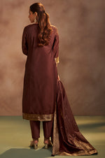 Women's Brown Jacquard Art Silk Straight Kurta Set with Cotton Bottom & Silk Blend Dupatta