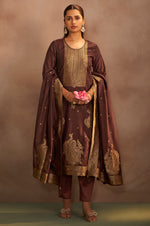 Women's Brown Jacquard Art Silk Straight Kurta Set with Cotton Bottom & Silk Blend Dupatta