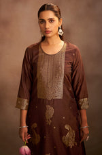 Women's Brown Jacquard Art Silk Straight Kurta Set with Cotton Bottom & Silk Blend Dupatta