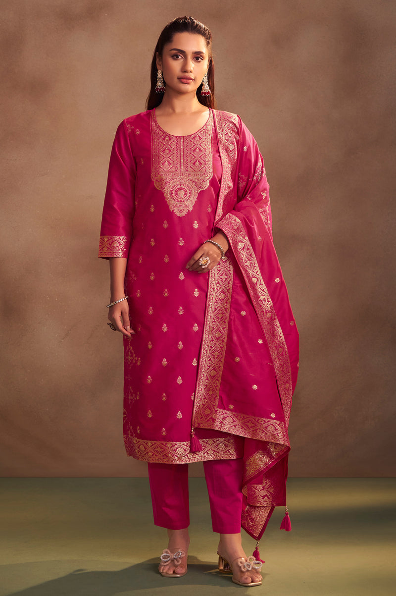 Women's Rani Jacquard Art Silk Straight Kurta Set with Cotton Bottom & Silk Blend Dupatta