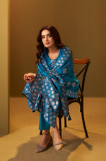 Women's Turquoise Blue Art Silk Jacquard Kurta Set with Cotton Bottom and Jacquard Dupatta