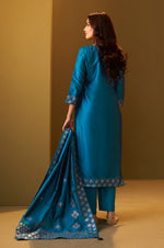 Women's Turquoise Blue Art Silk Jacquard Kurta Set with Cotton Bottom and Jacquard Dupatta