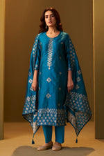 Women's Turquoise Blue Art Silk Jacquard Kurta Set with Cotton Bottom and Jacquard Dupatta