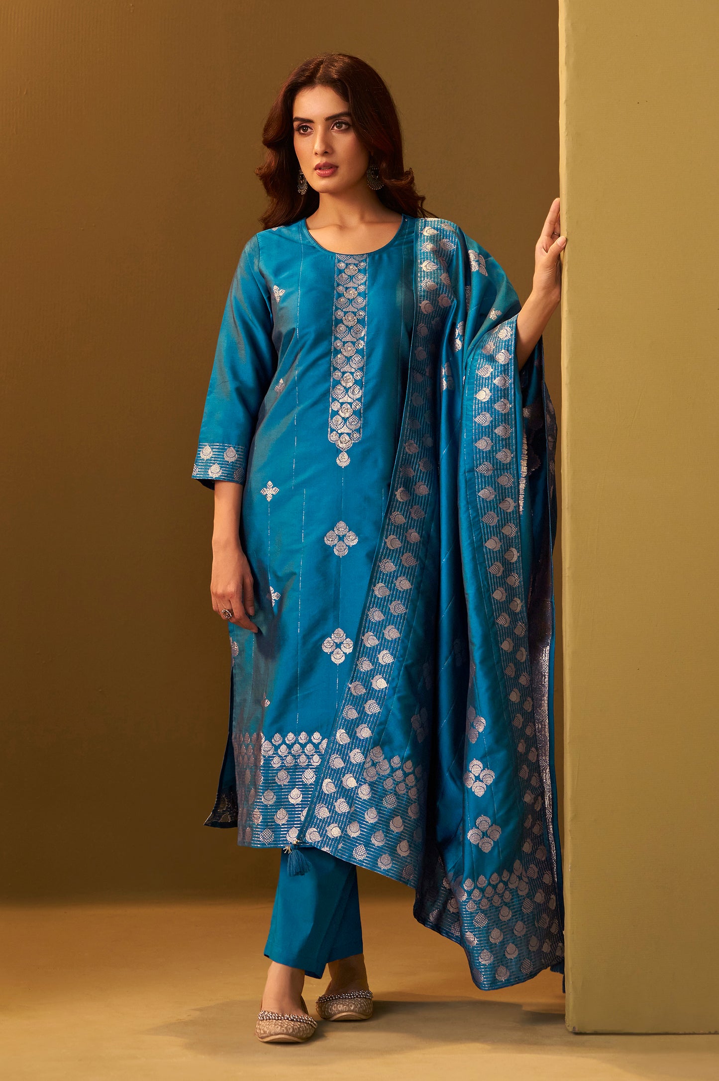 Women's Turquoise Blue Art Silk Jacquard Kurta Set with Cotton Bottom and Jacquard Dupatta