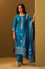 Women's Turquoise Blue Art Silk Jacquard Kurta Set with Cotton Bottom and Jacquard Dupatta