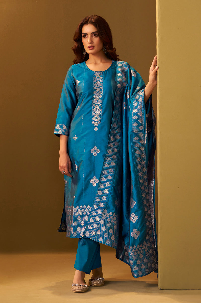 Women's Turquoise Blue Art Silk Jacquard Kurta Set with Cotton Bottom and Jacquard Dupatta