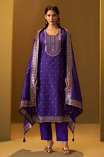 Women's Navy Blue Jacquard Art Silk Straight Kurta Set with Cotton Bottom & Silk Blend Dupatta