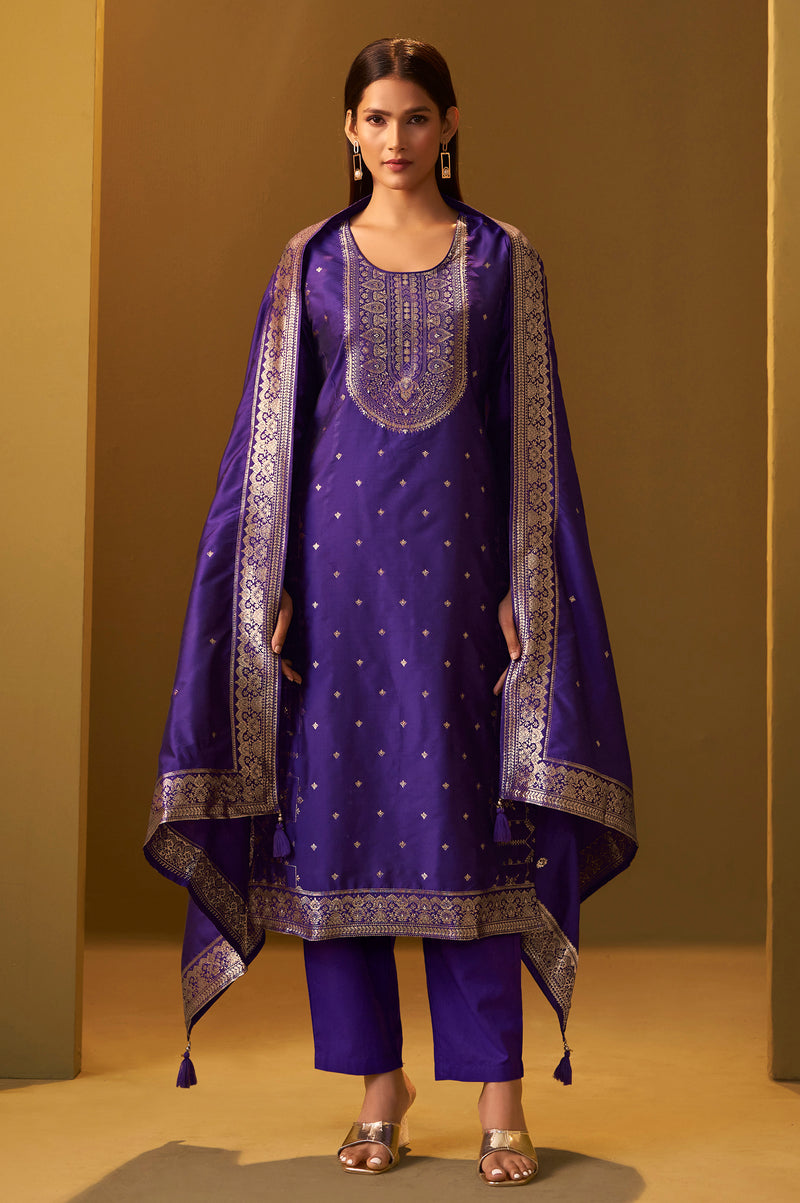 Women's Navy Blue Jacquard Art Silk Straight Kurta Set with Cotton Bottom & Silk Blend Dupatta
