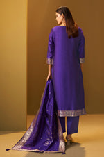 Women's Navy Blue Jacquard Art Silk Straight Kurta Set with Cotton Bottom & Silk Blend Dupatta