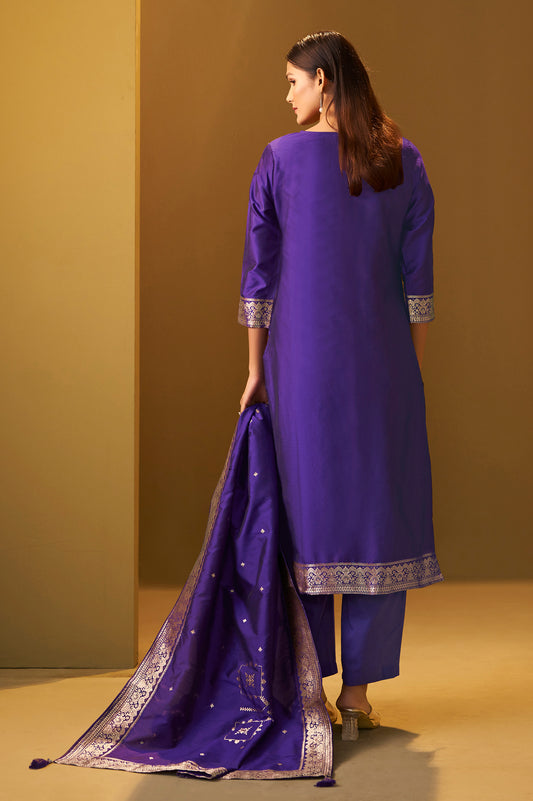 Women's Navy Blue Jacquard Art Silk Straight Kurta Set with Cotton Bottom & Silk Blend Dupatta