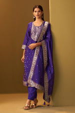 Women's Navy Blue Jacquard Art Silk Straight Kurta Set with Cotton Bottom & Silk Blend Dupatta