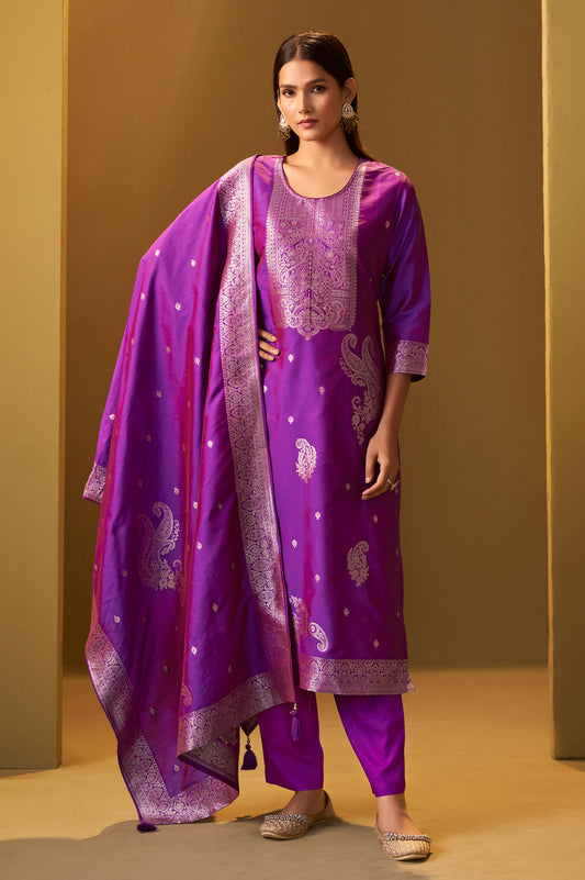 Women's Purple Jacquard Art Silk Straight Kurta Set with Cotton Bottom & Silk Blend Dupatta