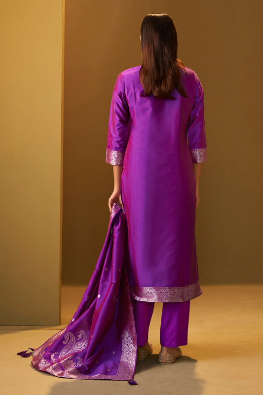 Women's Purple Jacquard Art Silk Straight Kurta Set with Cotton Bottom & Silk Blend Dupatta