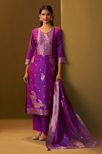 Women's Purple Jacquard Art Silk Straight Kurta Set with Cotton Bottom & Silk Blend Dupatta
