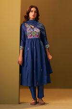 Women's Navy Blue Pure Cotton Embroidered Kurta Set with Dupatta