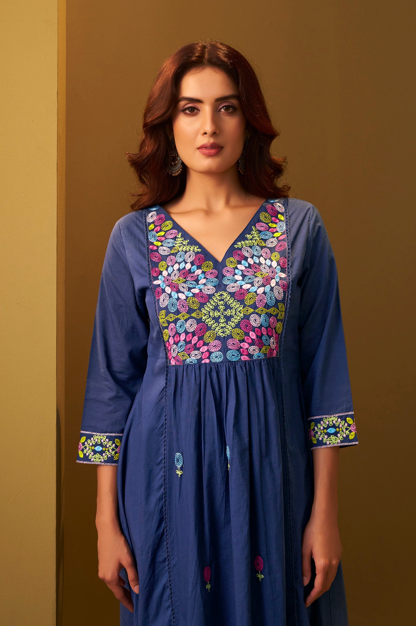 Women's Navy Blue Pure Cotton Embroidered Kurta Set with Dupatta