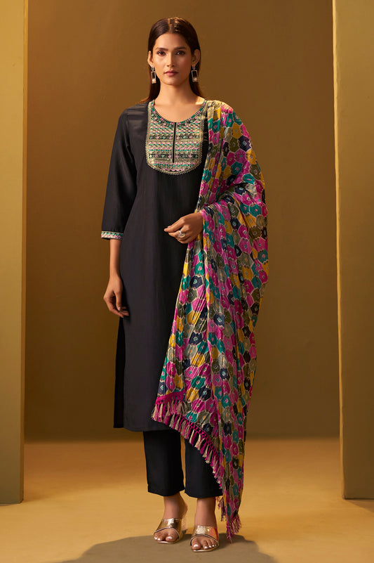 Women's Black Cotton Blend Embroidered Straight Kurta Set Multicolor Chinon Patola Printed Dupatta Set