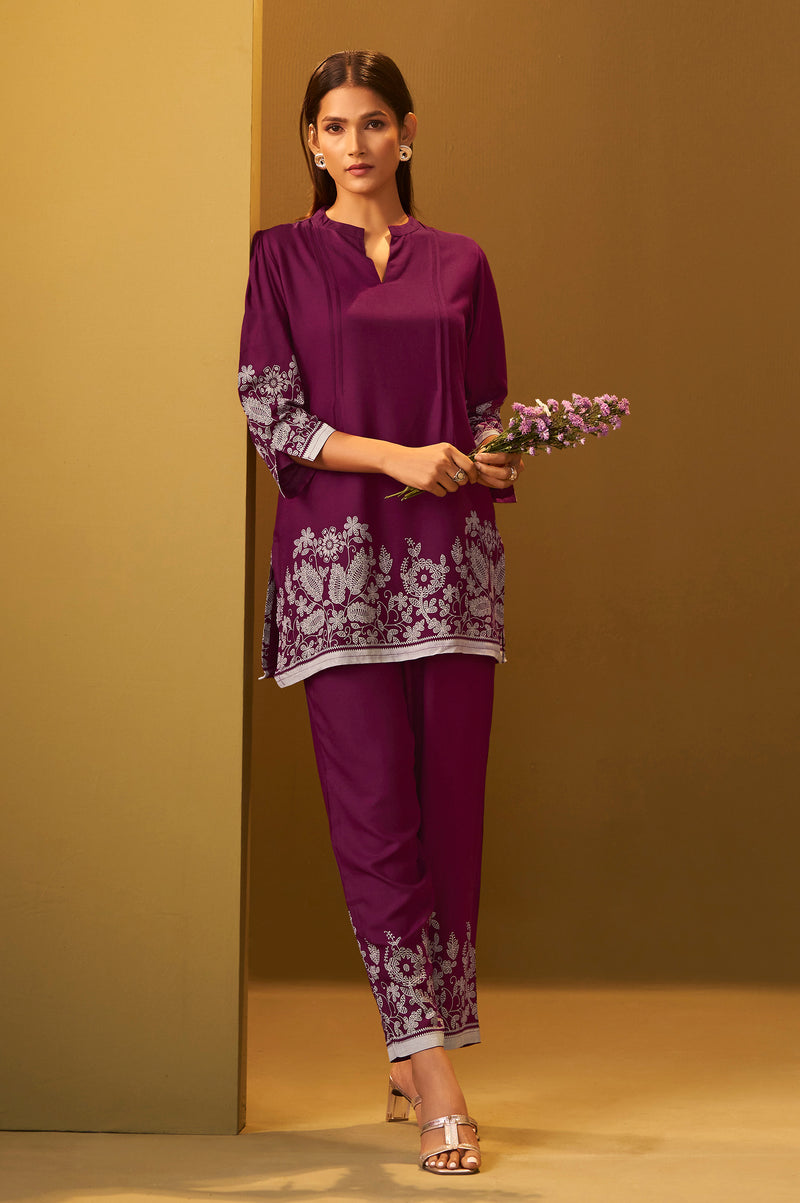 Maroon Rayon Floral Printed Co-Ord Set For Women