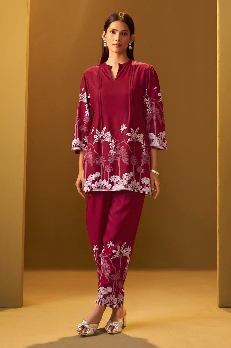 Red Rayon Floral Printed Co-Ord Set For Women