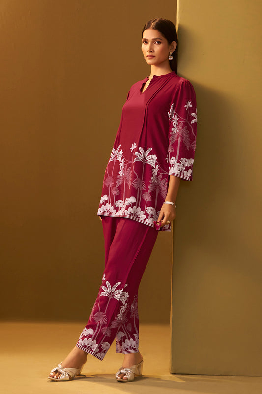 Red Rayon Floral Printed Co-Ord Set For Women
