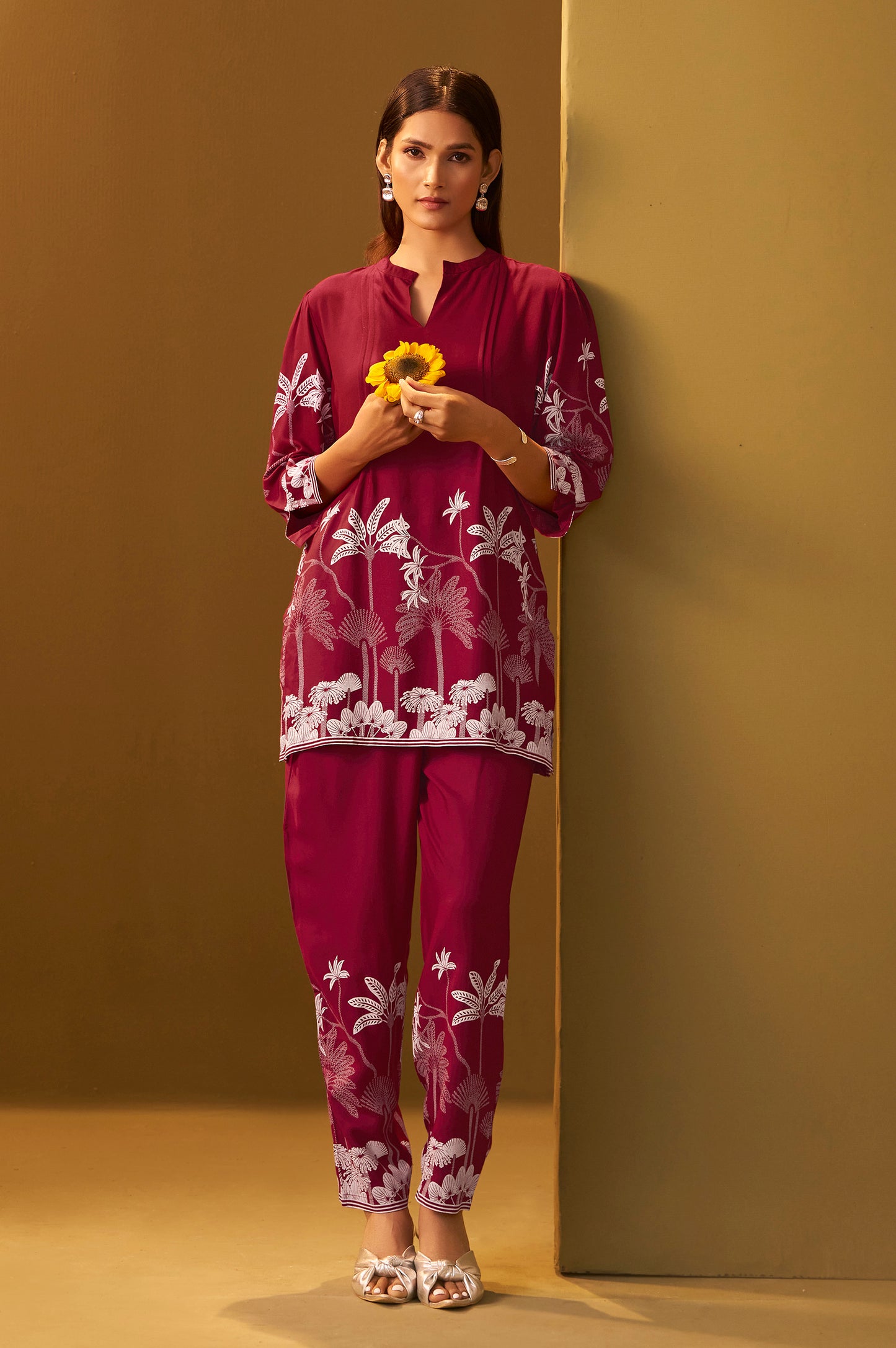 Red Rayon Floral Printed Co-Ord Set For Women
