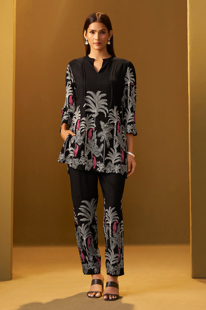 Black Rayon Floral Printed Co-Ord Set For Women