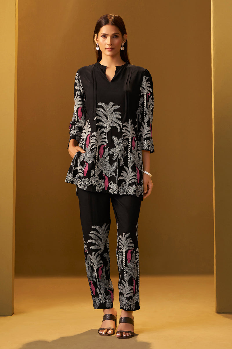Black Rayon Floral Printed Co-Ord Set For Women