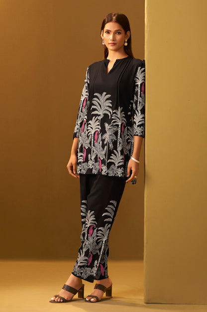 Black Rayon Floral Printed Co-Ord Set For Women
