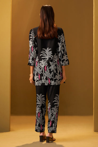 Black Rayon Floral Printed Co-Ord Set For Women