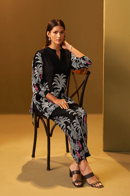 Black Rayon Floral Printed Co-Ord Set For Women