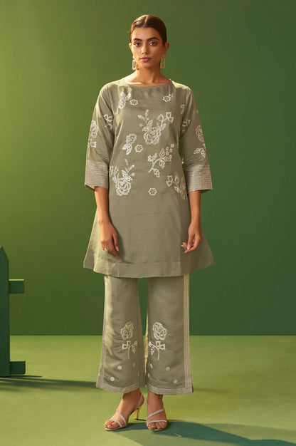 Grey Roman Silk Embroidered A-Line Co-Ord Set
