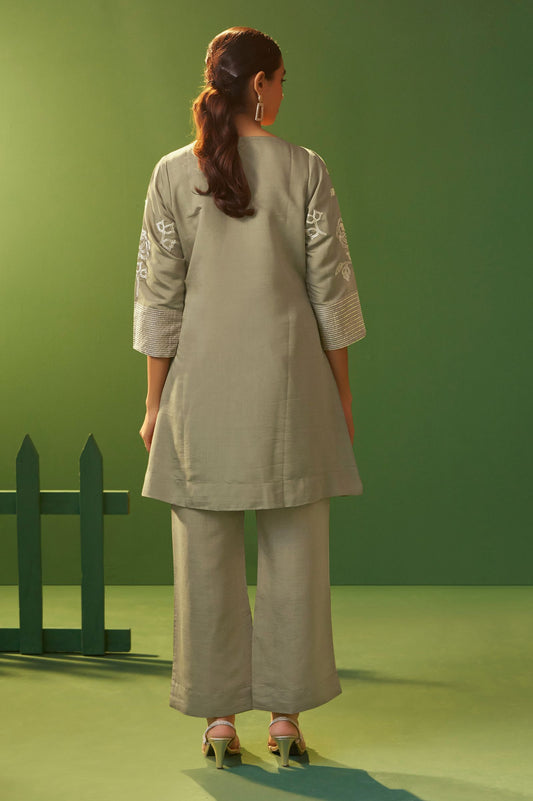 Grey Roman Silk Embroidered A-Line Co-Ord Set