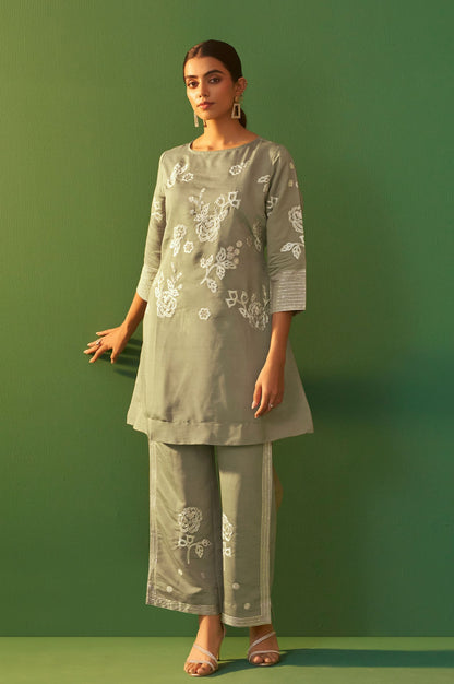Grey Roman Silk Embroidered A-Line Co-Ord Set