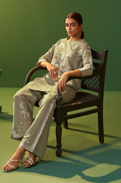 Grey Roman Silk Embroidered A-Line Co-Ord Set