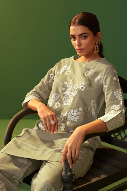 Grey Roman Silk Embroidered A-Line Co-Ord Set