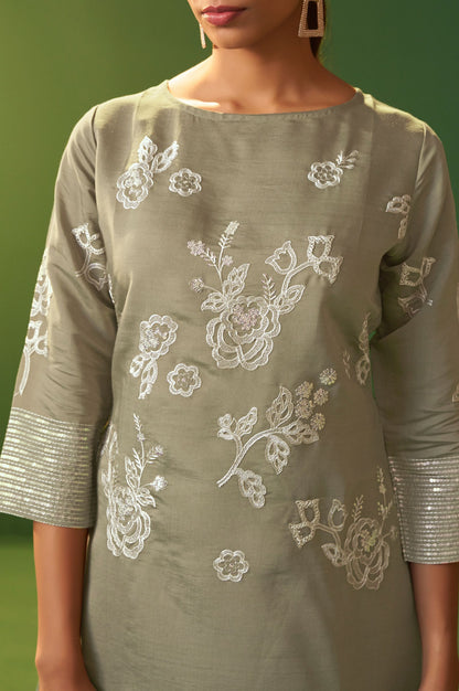 Grey Roman Silk Embroidered A-Line Co-Ord Set