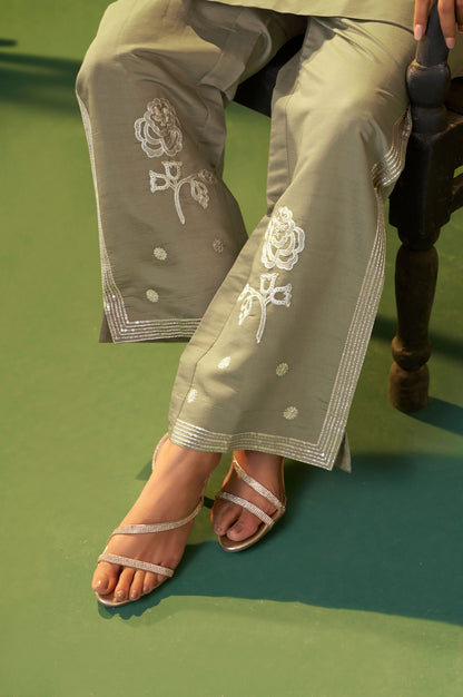 Grey Roman Silk Embroidered A-Line Co-Ord Set