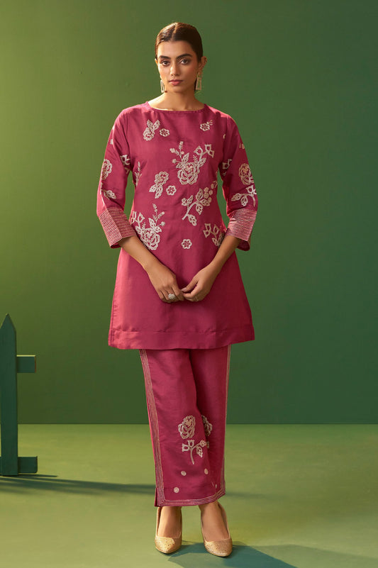 Bright Pink Roman Silk Embroidered A-Line Co-Ord Set