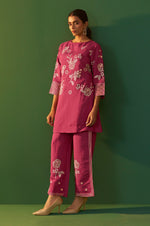 Bright Pink Roman Silk Embroidered A-Line Co-Ord Set