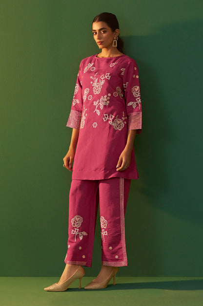 Bright Pink Roman Silk Embroidered A-Line Co-Ord Set