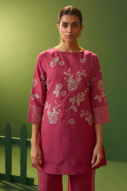 Bright Pink Roman Silk Embroidered A-Line Co-Ord Set