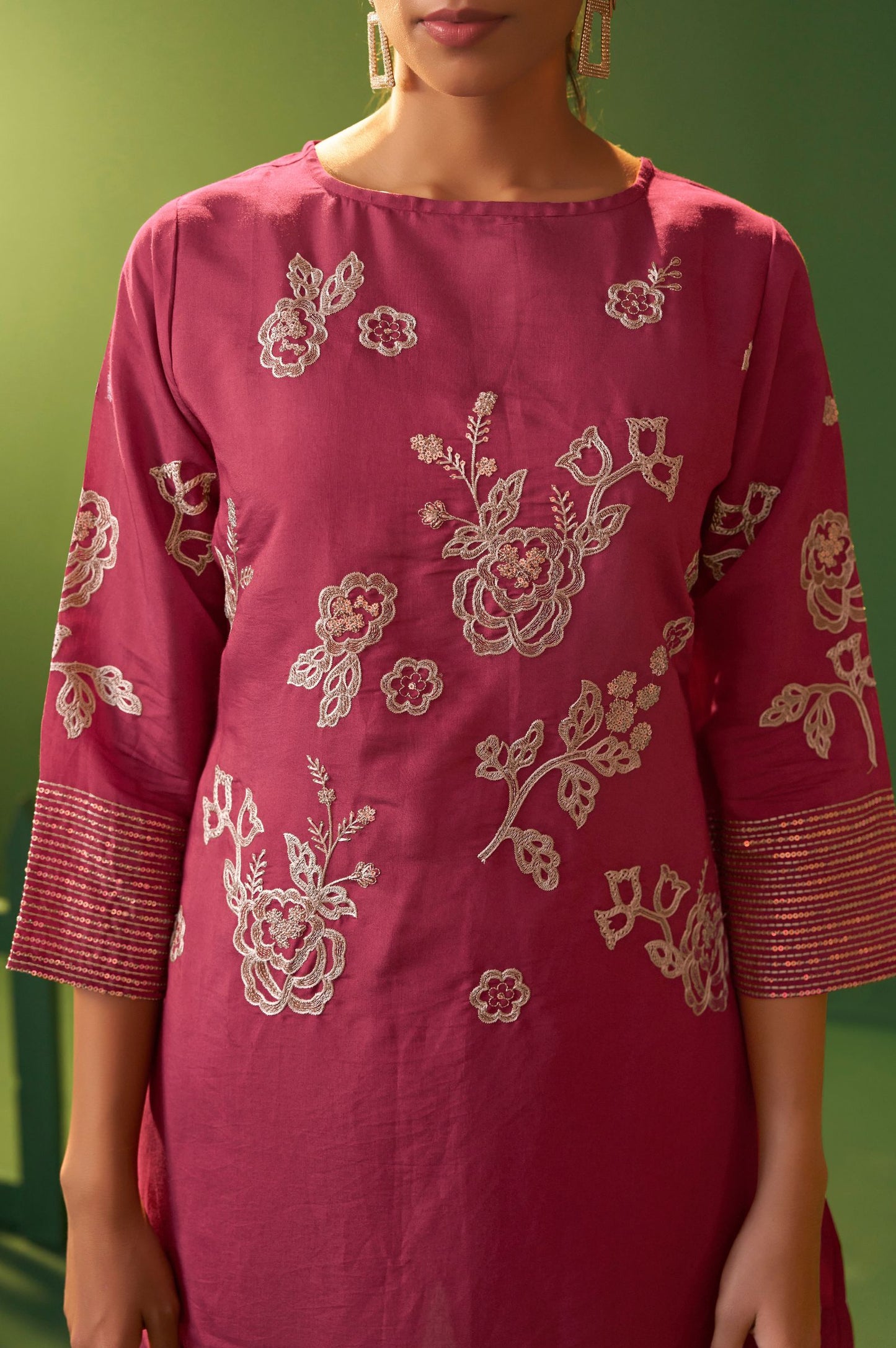 Bright Pink Roman Silk Embroidered A-Line Co-Ord Set